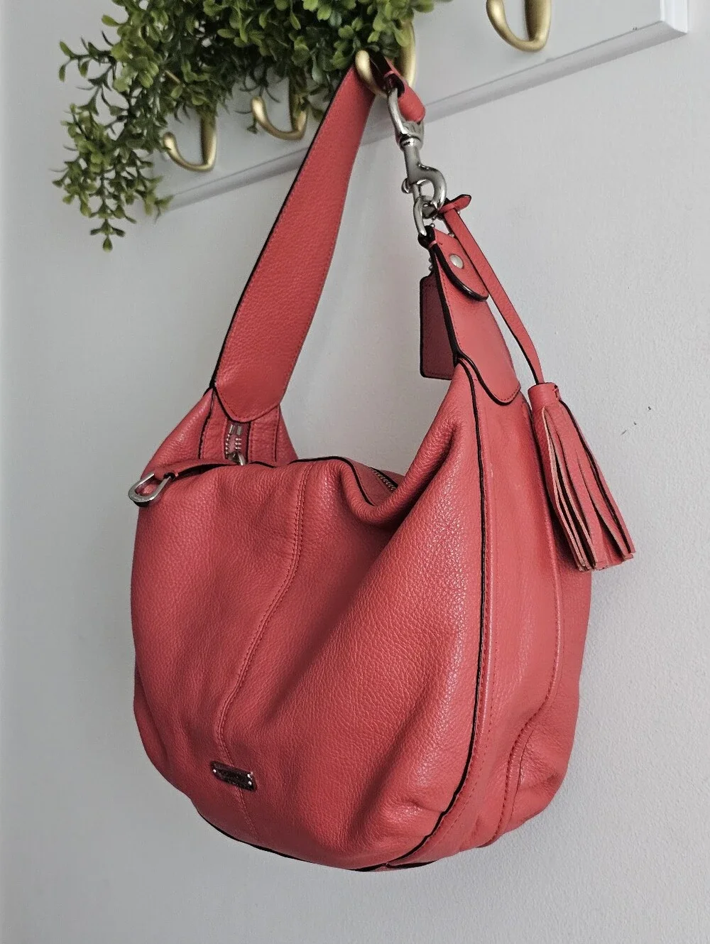 Coach Avery F23960 Coral Pebbled Leather Medium Hobo Shoulder Bag Tassel Hangtag